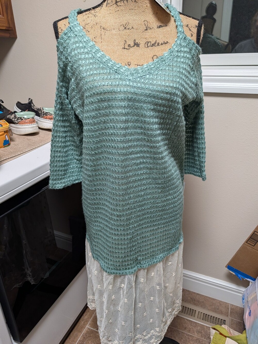 Women’s Mint Green Knit Cold-Shoulder Sweater